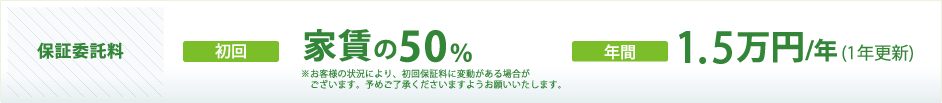保証委託料｜初回：家賃の50％　年間：1万円／年（1年更新）