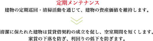 定期メンテナンスとは、建物の定期巡回・清掃活動を通じて、建物の資産価値を維持します。つまり、清潔に保たれた建物は賃貸借契約の成立を促し、空室期間を短くします。家賃の下落を防ぎ、利回りの低下を防ぎます。