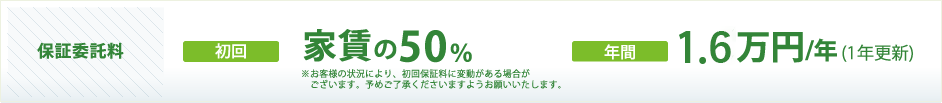 保証委託料｜初回：家賃の50％　年間：1.6万円／年（1年更新）