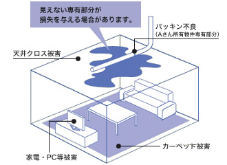 見えない専有部分が損失を与える場合があります。例えば、パッキン不良により天井クロスへの被害、家電・PCへの被害、カーペットへの被害となります